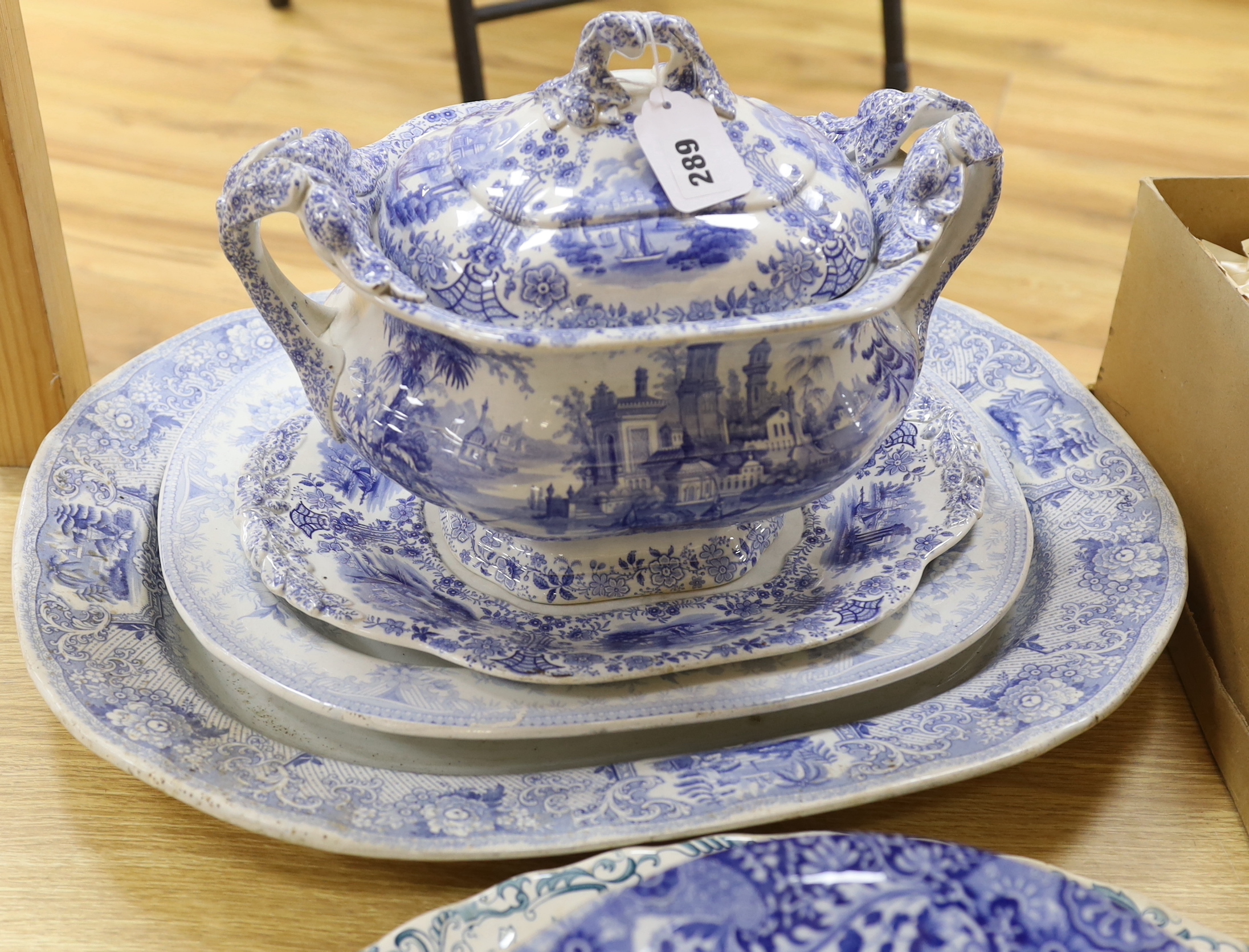 A group of 19th century blue and white dishes, and a soup tureen, cover and stand by Copeland Spode, etc (8)